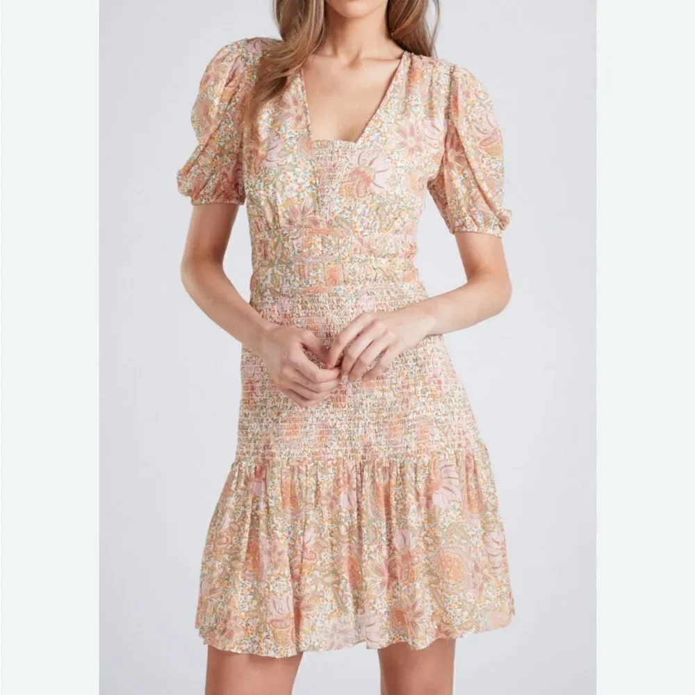 Shoshanna Women's Aubrey Puff Sleeve Smocked Mini Dress Size 6 Multicolored